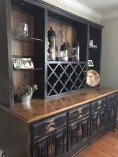 Available for PreSale---$1600.00 Wrought Iron & Rustic Wood Side Board/Down Lights/Wine Rack/Glass Shelves/Great Storage