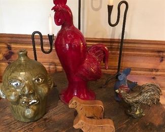 Grace N. Newell face jug, Charlie West, White County red rooster, blue rooster signed Brian J. Wilson, signed green rooster