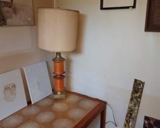 Basement Room Left:  MCM Tile Coffee Table, Table Lamp, Oil Paintings