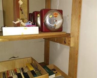 Wash Room Right:  Vintage Fire Alarms, Books, Suitcase