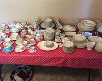 Dishware including: Woodhaven stoneware set, Homer Laughlin "Eggshell" Georgian china set (some pieces are Nautilus Cashmere pattern)