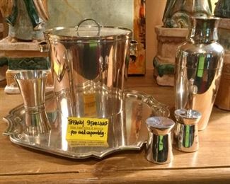 All sterling:  Vintage Tiffany (and hard to find!) ice bucket, jigger, tray, salt/pepper and cocktail shaker - all sold separately  