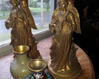 Cloisonne vases,  Angel candlesticks, and other candlesticks 