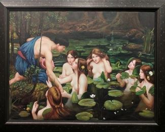 Large Oil Painting after J W Waterhouse. " Hylas and the Nymphs" (frame) 55 1/2" long x 43 1/2" tall (canvas) 48" long x 36" tall