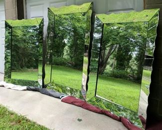 3 Large retro 1940s-50s wall mirrors. Two smaller mirrors: 58 1/2" tall x 40 1/2" long. Larger Mirror: 66" tall x 42 1/4" long