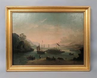 Sunset Ships Landing Old Master Oil Painting. (frame) 30 1/4" long x 23 1/8" tall (canvas) 26 1/2" long x 19 5/8" tall