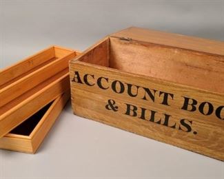 19C Account Books and Bills Box. Later inserts 9" tall x 24" long x 11" wide. Three shelves inside 2 1/2" tall x 22" long x 9 1/4" wide