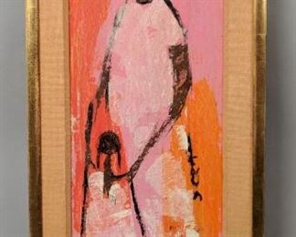Mid Century Modern Mother and Child Stylized Painting (frame) 27 3/8" tall x 11 3/8" long