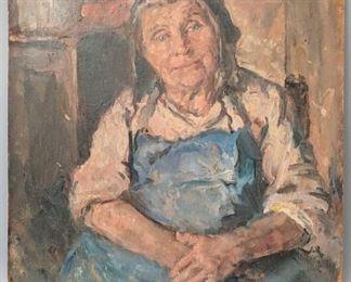 Older Woman in Blue Apron Painting J. Migg (?) (board) 15 1/2" tall x 13" long