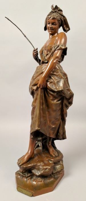 Pecheuse Bretonne Bronze Statue. Woman at leisure. 26" tall (base) 9" long x 6" wide