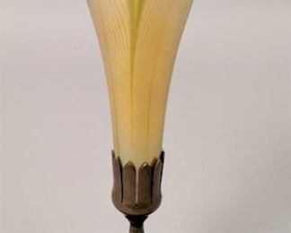 Tiffany Favrile Art Glass Floriform Pulled Feather Vase with Bronze Base. Vase 8 1/4" tall x 4" wide @ widest point. Base 5 1/2" tall x 5 1/8" wide. Stands 12 1/8" tall together.