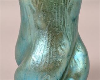 Turn of the Century Art Nouveau Art Glass Vase Blue Iridescent. 6" tall x 3 1/2" wide @ widest point. Opening 3" wide.