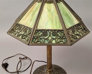 Bradley & Hubbard Green Slag Glass Lamp. 19" tall x 7 1/2" base diameter x 14 1/2" shade diameter. Cord is 57 1/2" long.