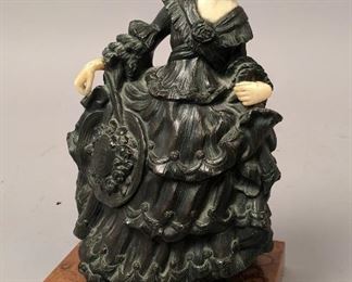 Figural Victorian Dressed Woman Bronze Statue. (base) 5 1/2" long x 4 1/4" wide. Overall 9" tall