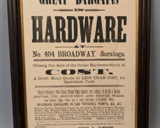 Great Bargains in Hardware Saratoga Springs Advertisement  Broadside (frame) 17 1/8" long x 24" tall (sight view) 13 5/8" long x 20 1/2" tall