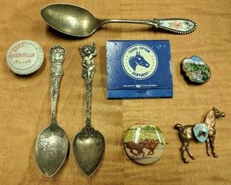 Assorted  Saratoga Souvenirs including pinbacks, and engraved spoons