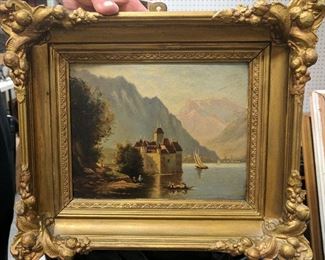 Original Continental School 19c oil painting in giltwood gesso frame