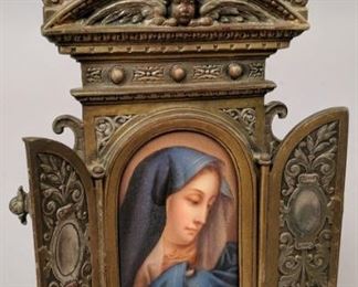 Antique 19c Berlin Porcelain Plaque Virgin Mary in bronze