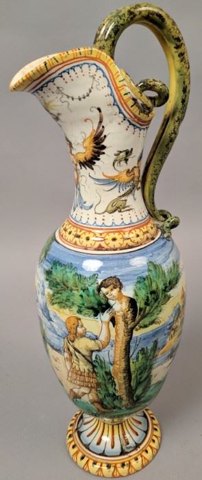 At least 19c Italian Majolica Faience Pottery Pitcher 15 1/2" tall