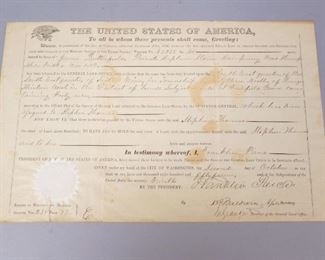 Signed Franklin Pierce 1854 United States Land Grant Issued to Soldier James Butterfield. New Hampshire Militia War 1812. 15 1/2"