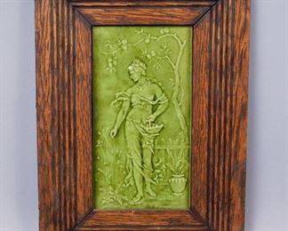 19c Green Glaze Pottery Tile Woman in Garden. Framed. 13 3/4"