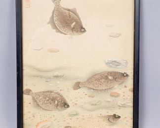 Japanese Hand Colored Print Swimming Fish. Framed. 14 3/4"