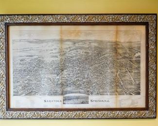 Birdseye View Map of Saratoga Springs, NY. Framed. This is the original version of the print that was reproduced by the Historical Society in the 1970's. This one hung in Gaffney's Paint Shop on Caroline Street. 27 1/4" x 41 1/4"