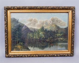 Unsigned Oil Painting on Canvas Lake & Mountain Scene Framed. 27"