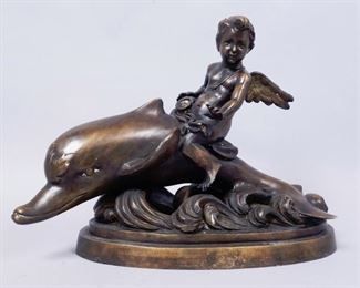 Victorian Bronze Sculpture of Cupid Riding a Dolphin, 11 1/2"