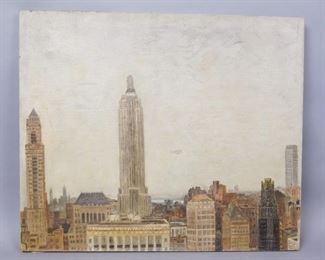 E. Small New York City Skyline Oil on canvas 1931. 30"