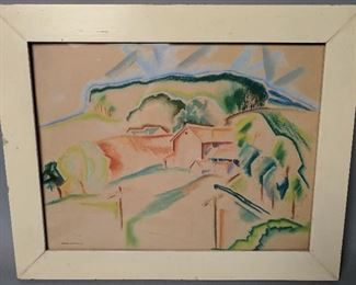 Pen and Oil Crayon Drawing 1938 signed Morningstar 20 3/8" x 16 7/8" 