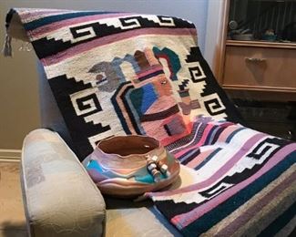 Aztec tapestry and hand painted Mexican bowl