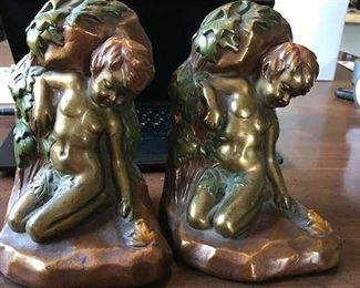 S Morani signed Bronze Clad Bookends Boy with Frog