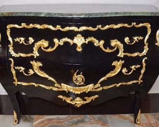 Pair Available, Louis the 15th Style Bombay Chest with Green Marble Top, Has Two Drawers, Gilded Accents.    4’ Wide X 34’’ height X 20’’ Depth