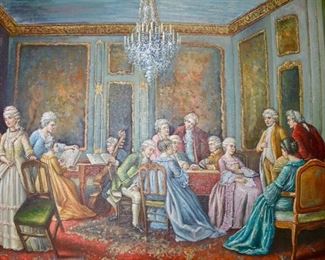Oil on canvas 53“ x 41“ including frame, actual painting is 36“ x 48“.   Gilded Frame.  Italian Style Oil On Canvas With A Parlor Scene and Many figures.