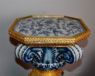 Pair of Blue and White Porcelain Pedestals with Gold Gilded Bronze, Venetian Style.  45’’ high X 18’’ x 18’’ Octagonal Shaped Top.  Purchased From An Estate in Venice Italy in 2010