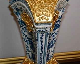 Pair of Blue and White Porcelain Pedestals with Gold Gilded Bronze, Venetian Style.  45’’ high X 18’’ x 18’’ Octagonal Shaped Top.  Purchased From An Estate in Venice Italy in 2010
