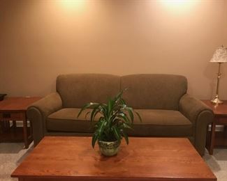 ETHAN ALLEN SUEDE CLOTH SOFA NAIL HEAD TRIM, COFFEE AND SIDE TABLES