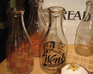 vintage glass dairy bottles, bread box, collection of teacups & saucers
