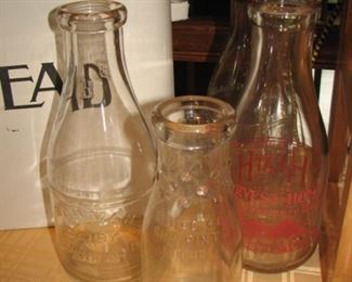vintage glass dairy bottles, bread box, collection of teacups & saucers