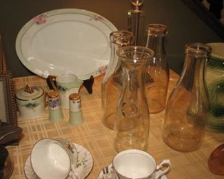 vintage glass dairy bottles, bread box, collection of teacups & saucers