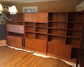 Mid century modern teak wall unit with drop front desk