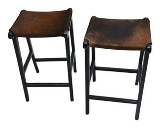 26. Pair of Ebonized Wood Stools with Cowhide Seats