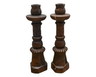 32. Contemporary Pair of Carved Wooden Candlesticks