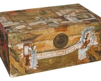 49. Vintage Oriental Painted Velum Trunk wBrass Hardware
