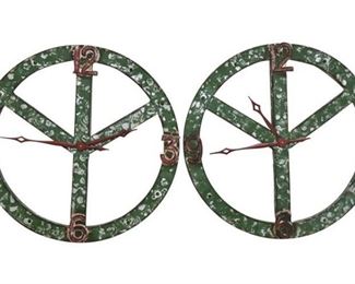 102. Lot of Two 2 Sheet Metal Peace Sign Industrial Clocks