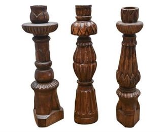 108. Lot of Three 3 Assorted Hand Carved Wooden Candlesticks