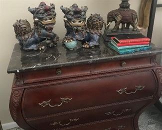 Marble Top Bombay Dresser, Pair of Foo Dogs 