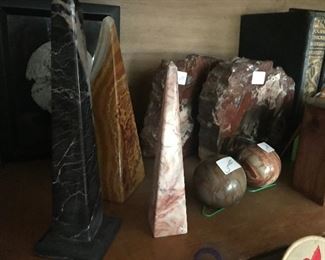Onyx Sphere, Assortment of Obelisk, Petrified Wood Bookends  