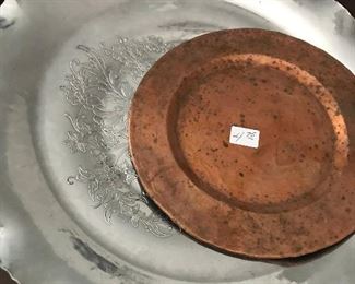 Round Vintage Pewter Serving Tray, Round Copper Serving Tray 
